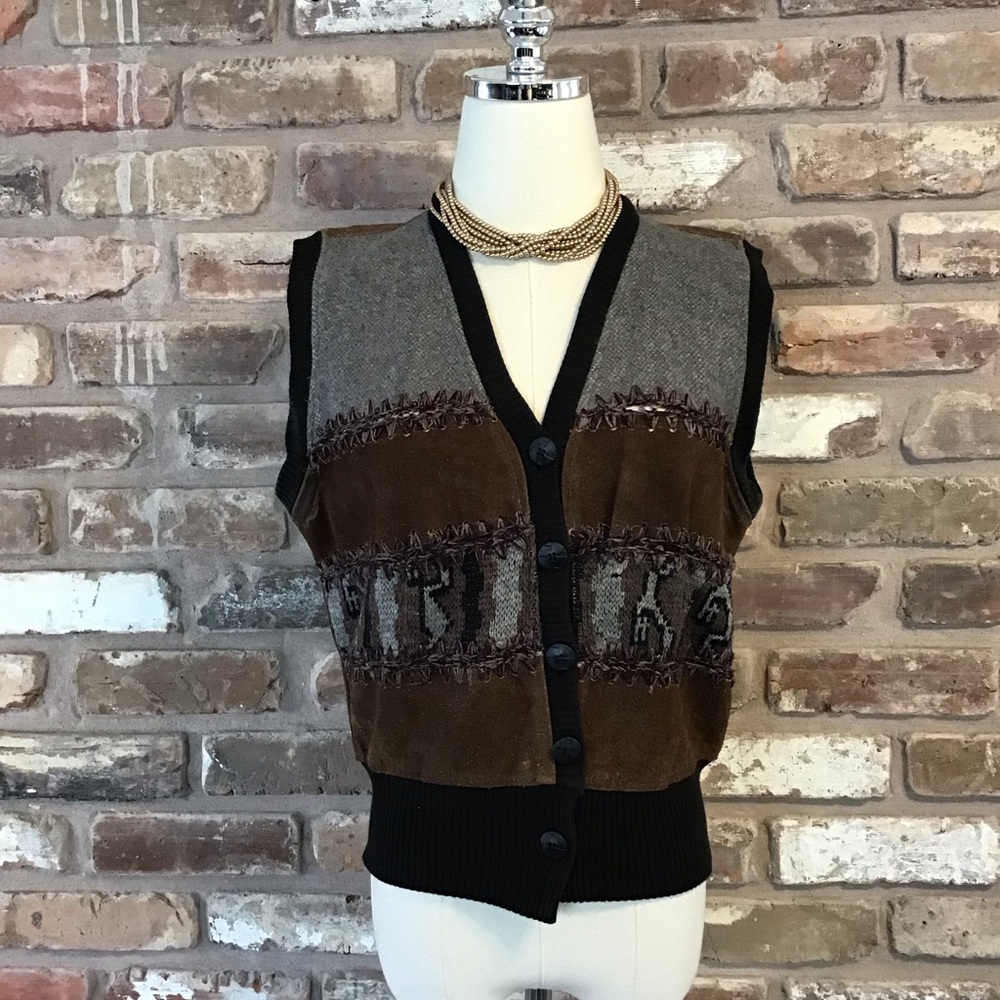 JOU JOU Women's Vintage Patchwork Brown Suede Gray Button-Up Vest L - Picture 3 of 6